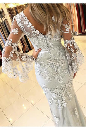 White V Neck Long Prom Dress, Mermaid Lace Appliqued Evening Dress with Sleeves UQ2026
