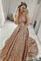 Shiny Puffy Sleeveless Sequined Court Train Prom Dress, Sparkly Sequin Evening Dresses UQ2248