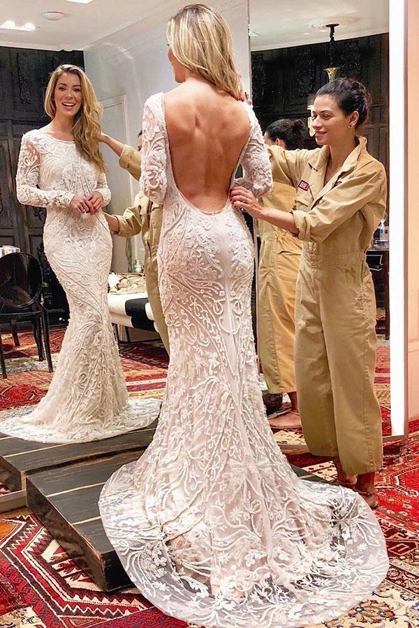 Ivory Backless Long Sleeves Mermaid Wedding Dress, Lace Wedding Dresses N2487
