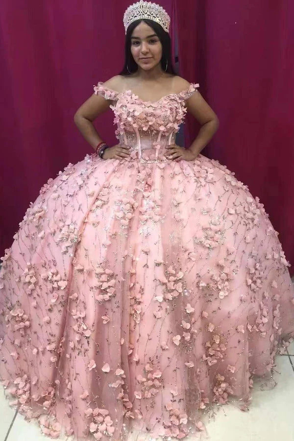 Gorgeous Ball Gown Light Pink 3D Flowers Prom Dresses, Off the Shoulder Quinceanera Dresses CHP0175