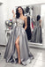 Gray One Shoulder Long Prom Dress with Lace, Grey Long Sleeves Slit Evening Dress chp0011