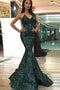 Dark Green Sweetheart Mermaid Sleeveless Floor Length Sequined Prom Dresses UQ2616