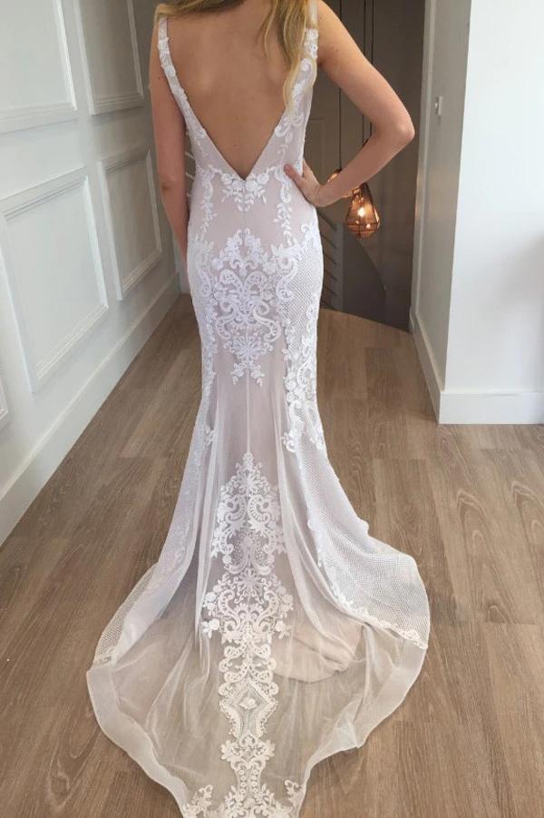 Sexy Mermaid Lace Beach Wedding Dress, Boho Backless Long Wedding Gown UQ2595