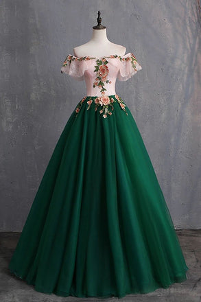 Green Off the Shoulder Floor Length Prom Dress with Appliques, Puffy Quinceanera Dress N2299