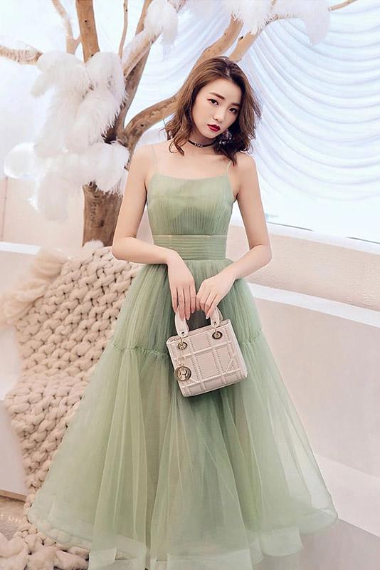 Simple Green Tulle Spaghetti Strap Sleeveless Pleated Prom Dresses, A cherishgirls Simple Green Tulle Spaghetti Strap Sleeveless Pleated Prom Dresses, A cherishgirls