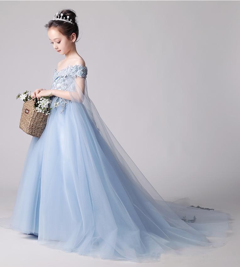 Beauty Blue Off the Shoulder Applique Flower Girl Dresses, Long Sweep – cherishgirls Beauty Blue Off the Shoulder Applique Flower Girl Dresses, Long Sweep – cherishgirls