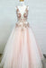 Light Pink V Neck Sleeveless Tulle Prom Dress with Flowers and Beads UQ2389