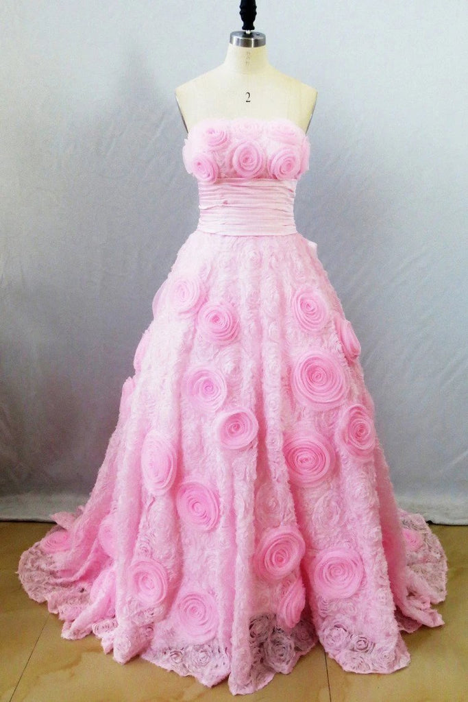 Strapless A Line Prom Dress with Flowers, Unique Pink Sweep Train Part – cherishgirls