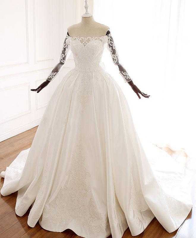 Ball Gown Long Sleeves Wedding Dress with Lace Appliques, Satin Bridal Gown UQ2582