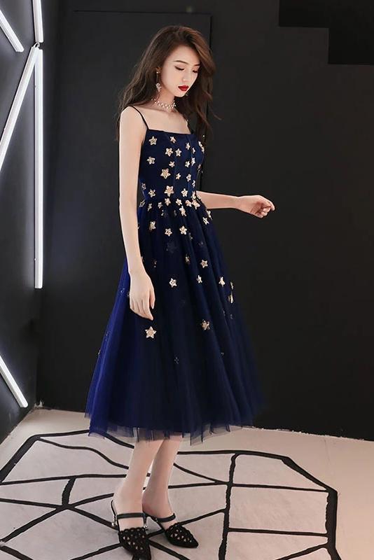 Spaghetti Straps Blue Tulle Tea Length Homecoming Dress with Stars UQ2135