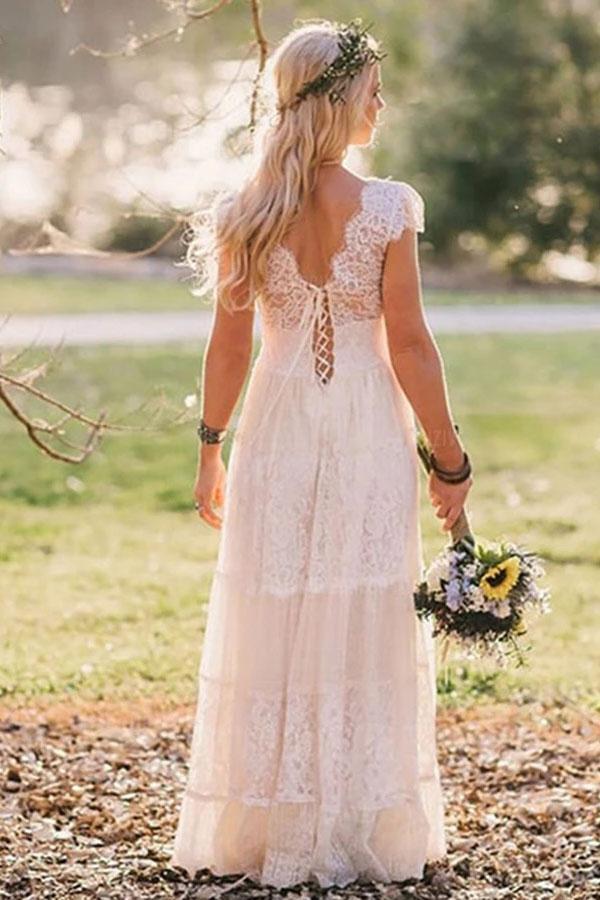 A Line V Neck Floor Length Cap Sleeves Lace Beach Wedding Dress Boho cherishgirls