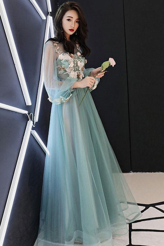 Charming Long Sleeves Tulle Prom Dress with Flowers, A Line Floor Length Party Dress UQ1758