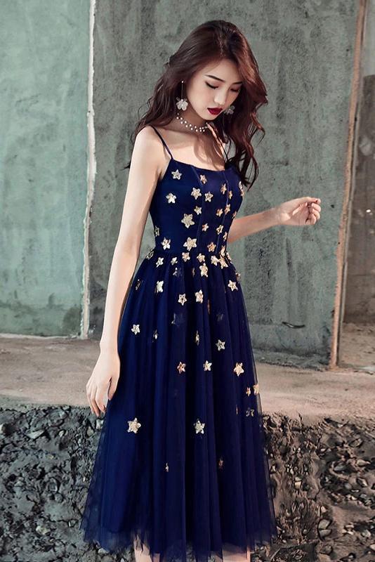 Spaghetti Straps Blue Tulle Tea Length Homecoming Dress with Stars UQ2135 Spaghetti Straps Blue Tulle Tea Length Homecoming Dress with Stars UQ2135