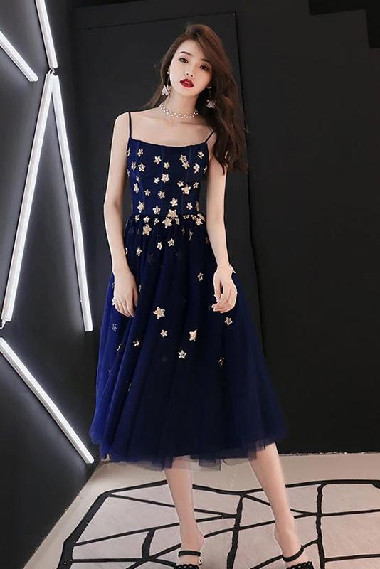 Spaghetti Straps Blue Tulle Tea Length Homecoming Dress with Stars UQ2135 Spaghetti Straps Blue Tulle Tea Length Homecoming Dress with Stars UQ2135