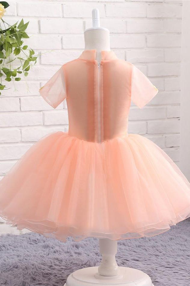 Cute Peach Short Flower Girl Dresses For Weddings High Neck Short Sleeves Dress UF062