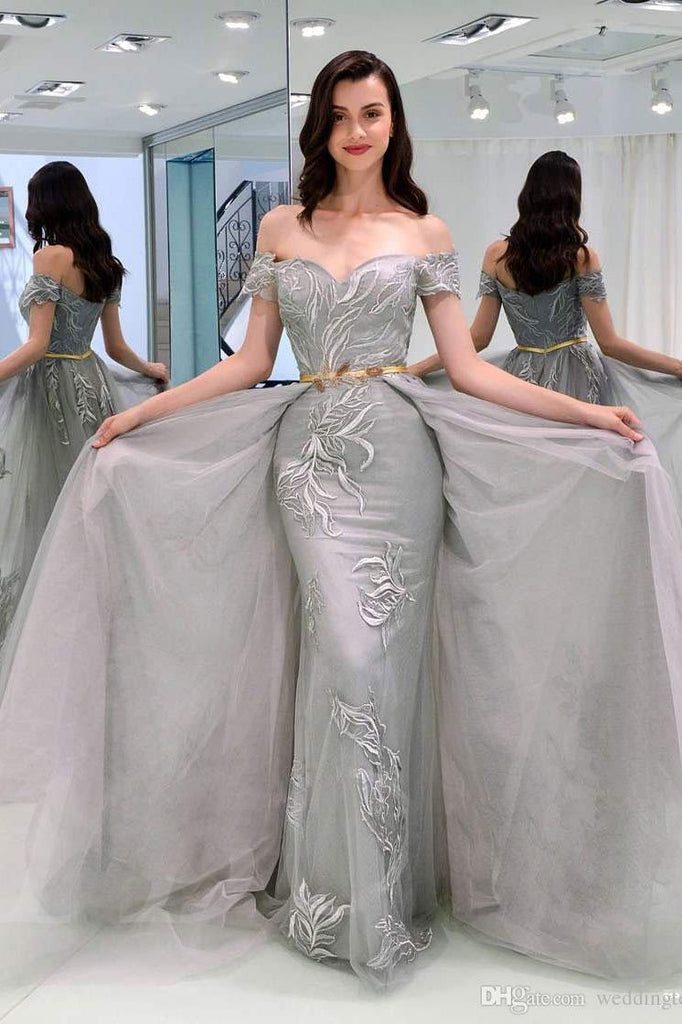 A-Line Appliques Off-the-Shoulder Gray Evening Dress With Sashes, Long Tulle Prom Dress UQ1833