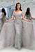 A-Line Appliques Off-the-Shoulder Gray Evening Dress With Sashes, Long Tulle Prom Dress UQ1833