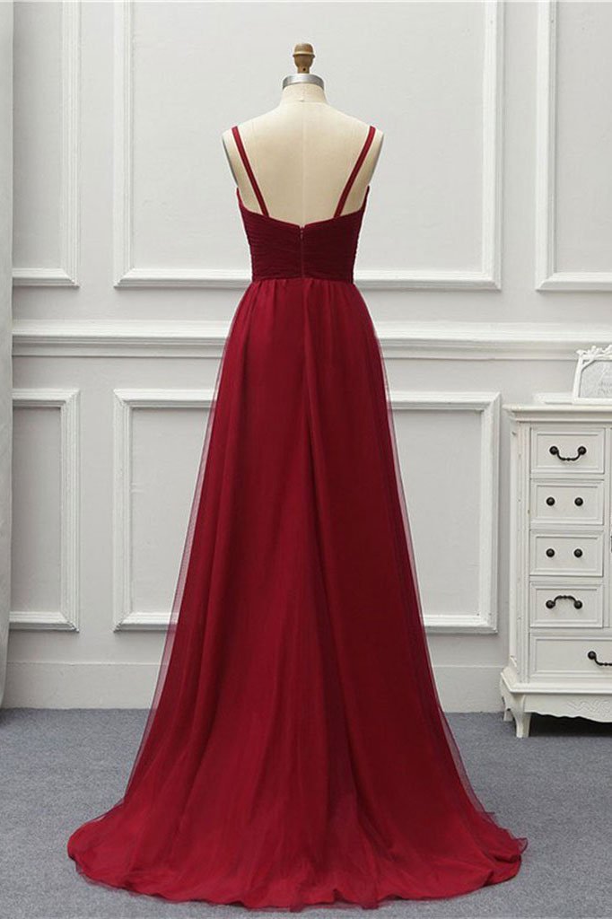 A Line High Low Tulle Prom Dress with Train, Burgundy V Neck Backless Formal Dress UQ1692