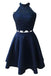 Two Piece Navy Blue High Neck Homecoming Dress with Lace, A Line Satin Graduation Dress UQ1853