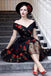 Retro Off the Shoulder Tulle Black Party Dress with Flowers, Knee Length Homecoming Dress N2107