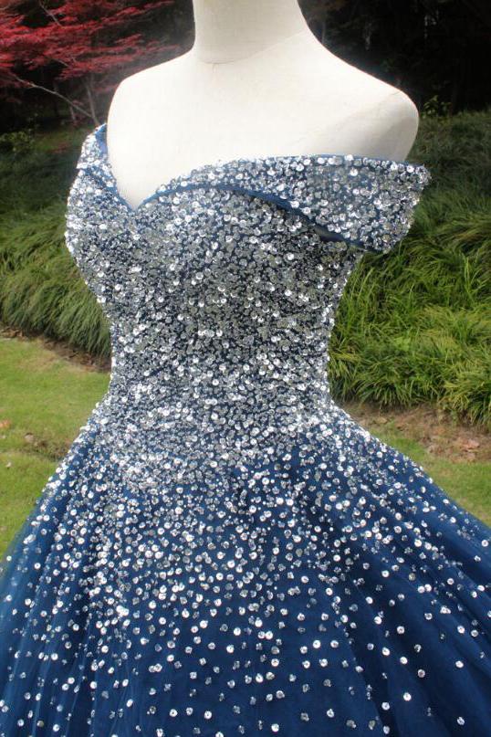 Sparkle Off the Shoulder Blue Ball Gown Prom Dresses, Puffy Tulle Quinceanera Dresses UQ2169