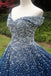 Sparkle Off the Shoulder Blue Ball Gown Prom Dresses, Puffy Tulle Quinceanera Dresses UQ2169