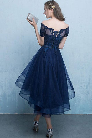 Dark Blue Off the Shoulder Tulle Homecoming Dress with Lace Appliques UQ1725