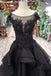 Puffy Cap Sleeves Black Long Prom Dress with Appliques, Charming Beading Formal Dress UQ2053