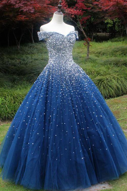 Sparkle Off the Shoulder Blue Ball Gown Prom Dresses, Puffy Tulle Quinceanera Dresses UQ2169