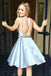 A-Line V-neck Light Blue Satin Homecoming Dress with Beading, Sexy Short Prom Dress UQ1837