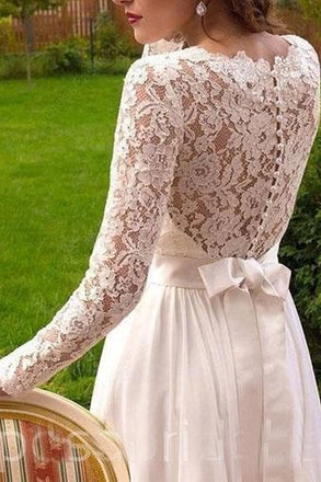 Vintage Long Sleeves Chiffon Wedding Dress with Lace, Flowy Beach Wedding Dress UQ2431