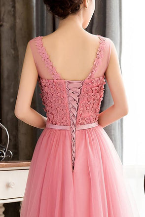 Pink Sleeveless Prom Dress with Flowers, A Line Floor Length Tulle Evening Dress UQ1775