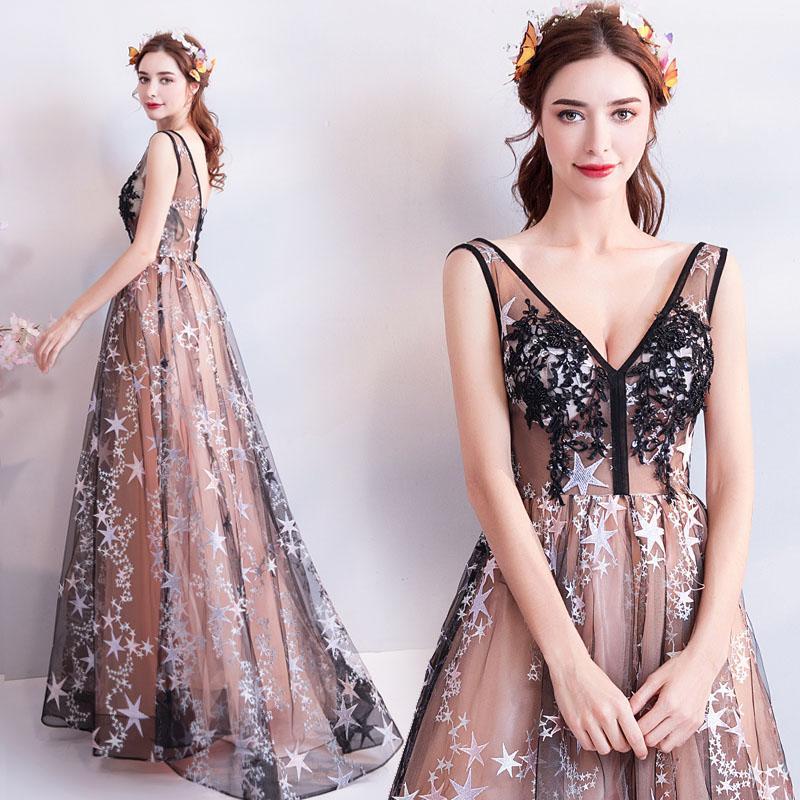 Charming Floor Length Sleeveless Prom Dress with Stars, A Line Appliques Evening Dress UQ2314