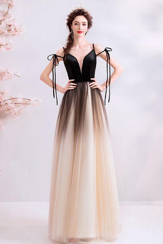 Black Deep V Neck Sleeveless Floor Length Tulle Ombre Prom Dress N2313