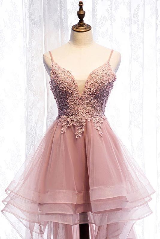 High Low Spaghetti Straps Tulle Homecoming Dresses with Appliques, Party Dress UQ2142