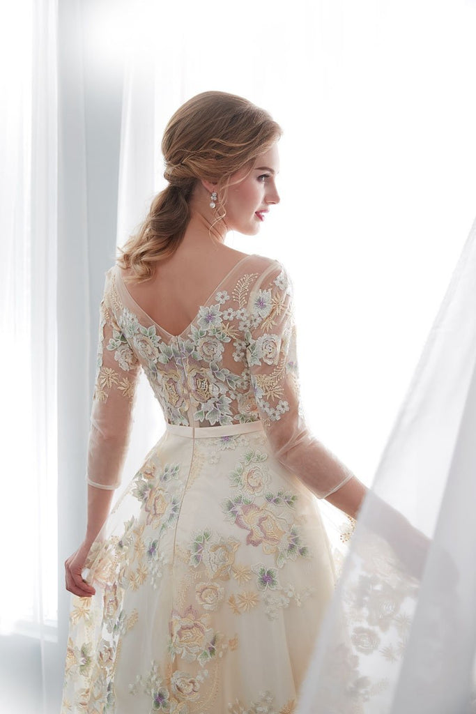 A Line Floor Length Floral Prom Dresses 3/4 Sleeves A-line Empire Wais cherishgirls A Line Floor Length Floral Prom Dresses 3/4 Sleeves A-line Empire Wais cherishgirls