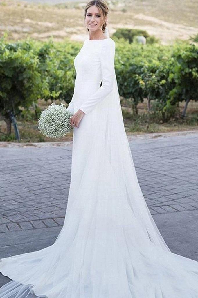 Long Sleeve Sheath Wedding Dresses Simple Modest Long Country Wedding Dress UQ2258