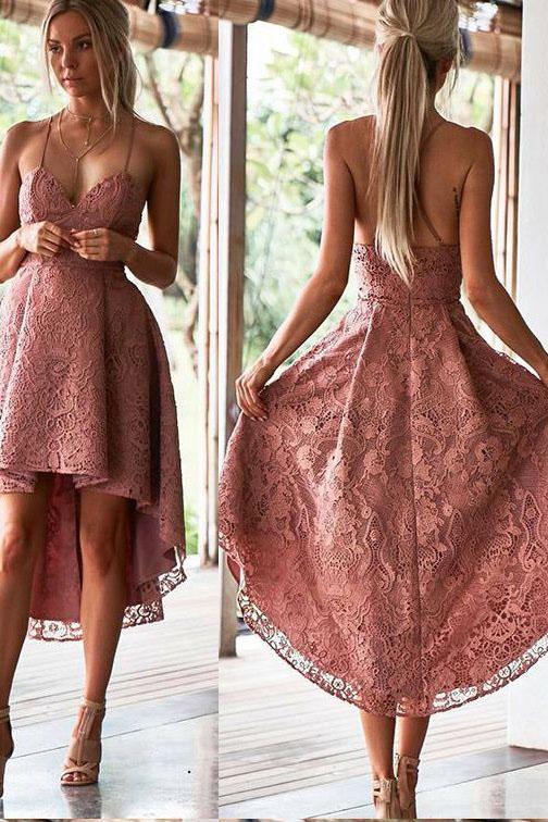 Chic Pink Lace High-Low Homecoming Dress, Spaghetti Straps Lace Homecoming Gown UQ2185