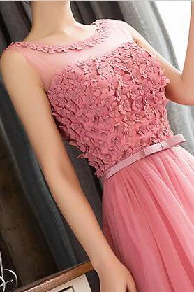 Pink Sleeveless Prom Dress with Flowers, A Line Floor Length Tulle Evening Dress UQ1775