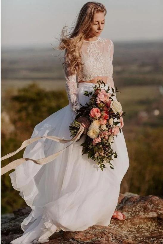 Romantic Two Piece Long Sleeves Wedding Dress with Lace, A Line Ivory Chiffon Bridal Dress UQ2398