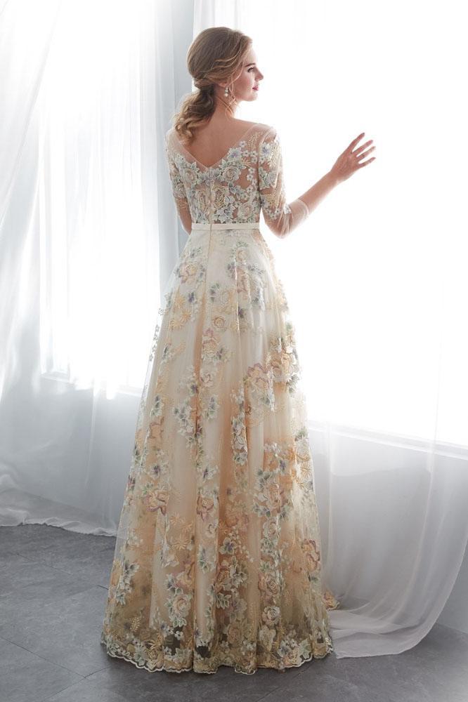 A Line Floor Length Floral Prom Dresses 3/4 Sleeves A-line Empire Wais cherishgirls A Line Floor Length Floral Prom Dresses 3/4 Sleeves A-line Empire Wais cherishgirls