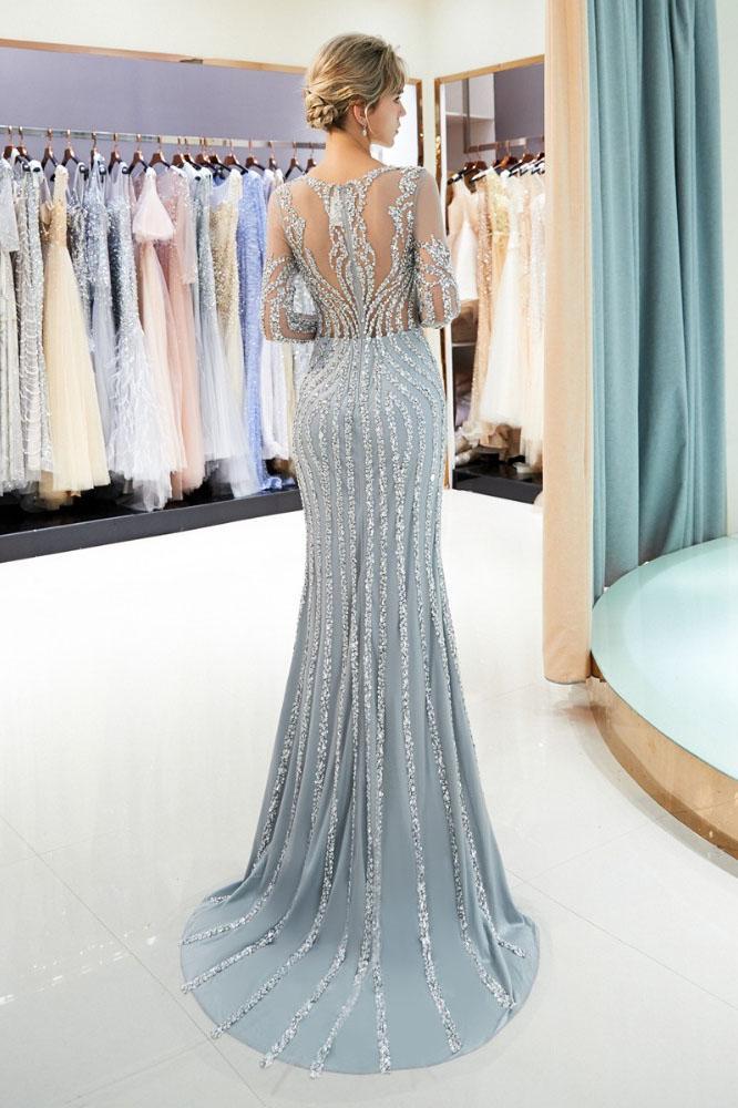 Gray Beaded Evening Dresses Luxury Mermaid Crystal Sweep Train Long Sleeves Prom Dress UQ2281