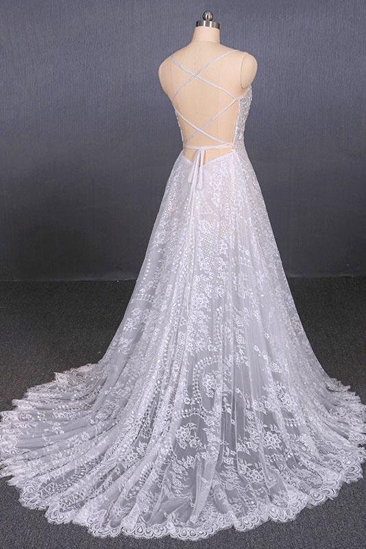 Spaghetti Straps Sweetheart Lace Wedding Dresses, Lace Bridal Dresses with Long Train UQ2284