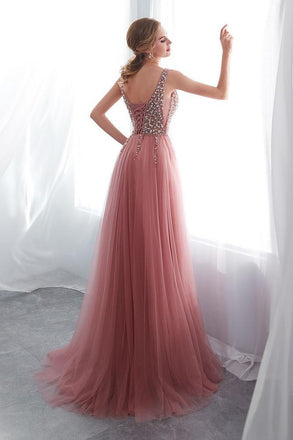 Beading V neck Pink High Split Tulle Sweep Train Sleeveless Prom Dress with Sequins UQ2278