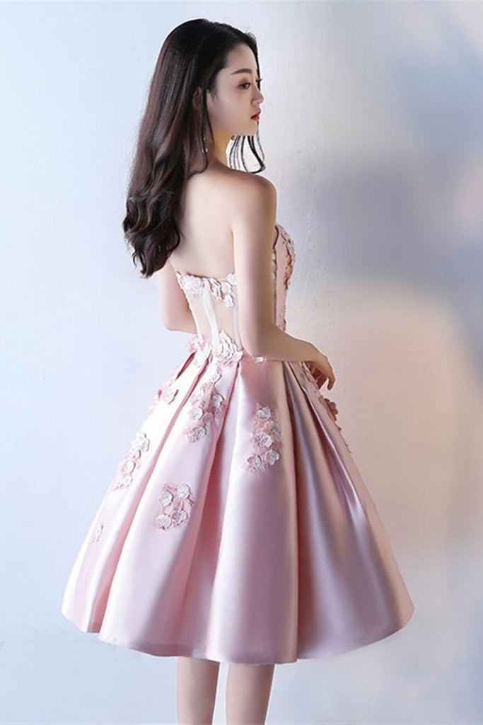 Pink A Line Strapless Applique Knee Length Homecoming Dress, Short Prom Dresses UQ1950