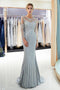 Gray Beaded Evening Dresses Luxury Mermaid Crystal Sweep Train Long Sleeves Prom Dress UQ2281