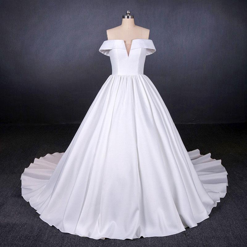 Puffy Off the Shoulder Satin Wedding Dress, Ball Gown Long Bridal Dress with Long Train UQ2286