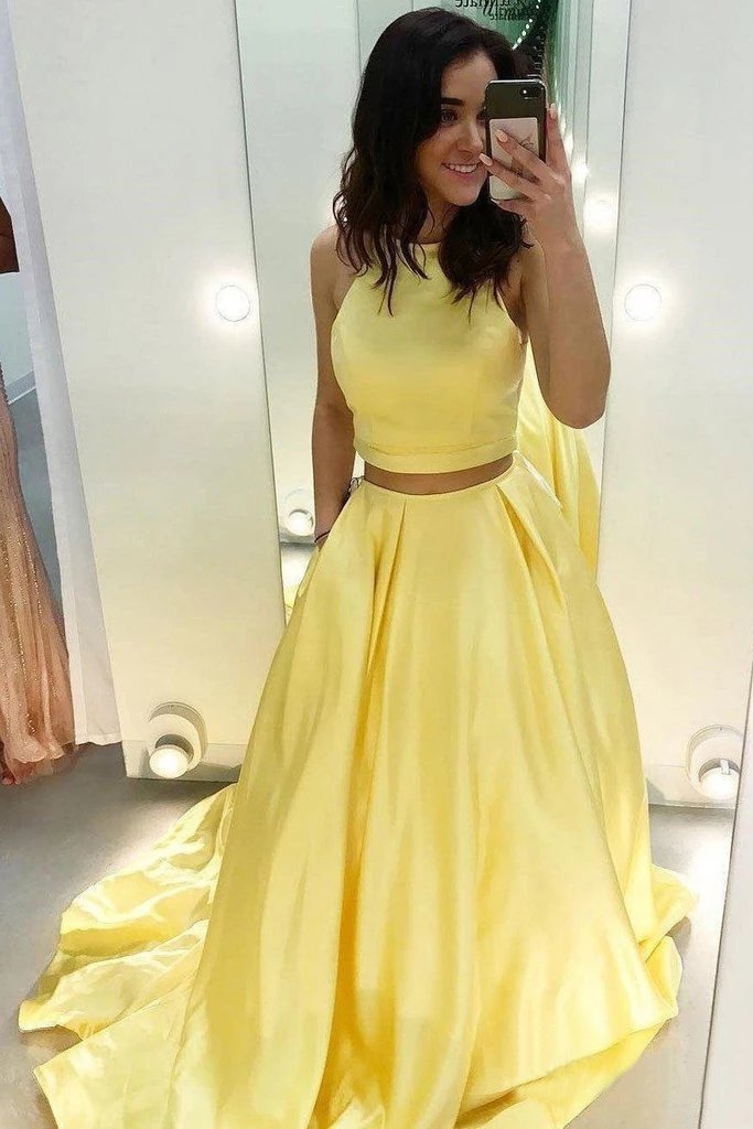 Two Piece Yellow Satin Formal Evening Dress Simple Long Prom Dresses U cherishgirls Two Piece Yellow Satin Formal Evening Dress Simple Long Prom Dresses U cherishgirls
