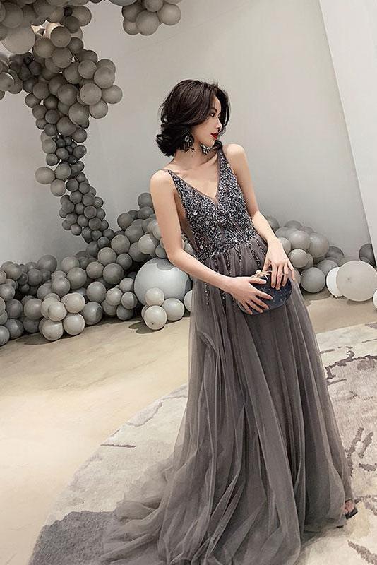 Dark Gray V Neck Sparkly Beading Prom Dress with Sequins, Long Tulle Prom Gown UQ1762