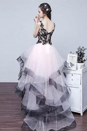 High Low Princess V Neck Homecoming Dresses, Puffy Tulle Prom Dress with Ruffles UQ1920